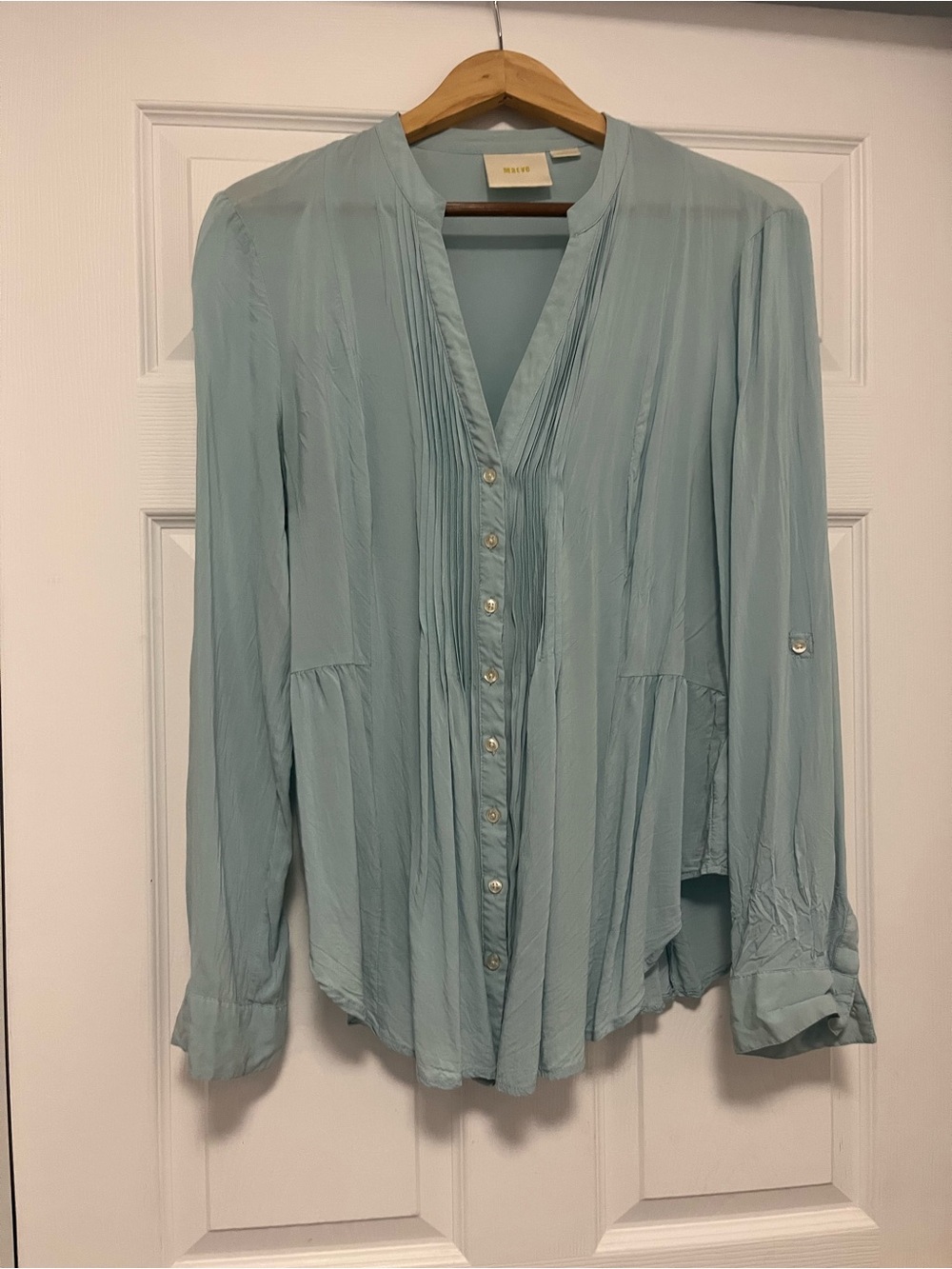 Maeve Light Teal Button-Front Pleated Blouse flowy size 14